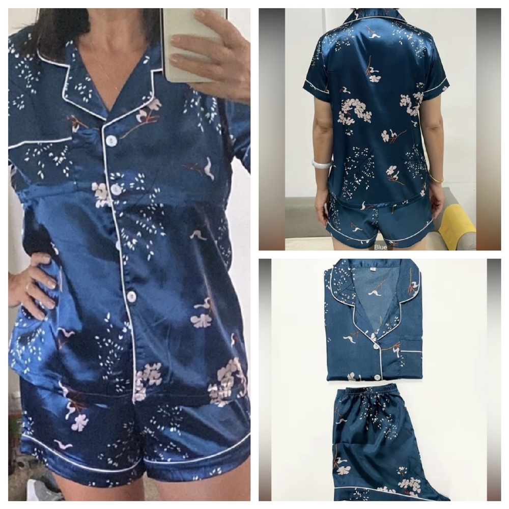 Women's Satin Short Pajama Set - Navy Floral